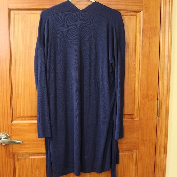 Eileen Fisher Blue Ribbed Cardigan Long Line Belted Sweater Med Tencel - Picture 8 of 10